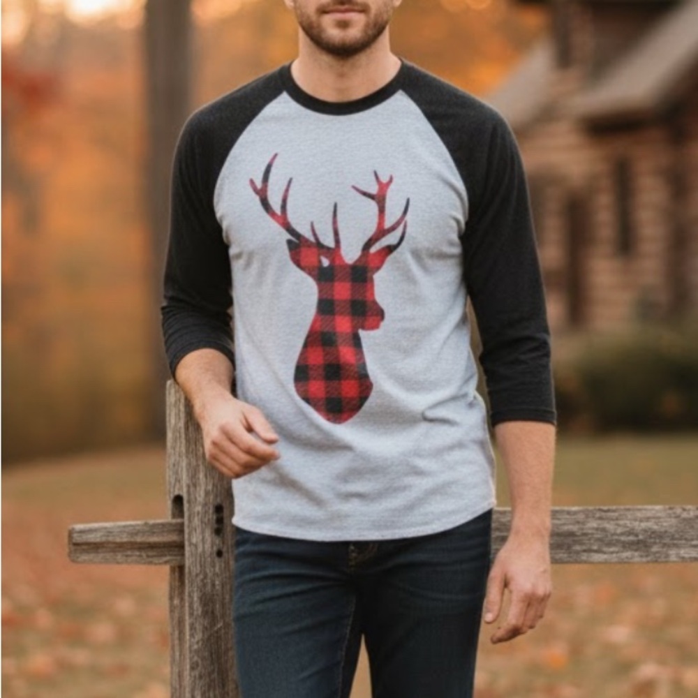 L.A.T. Live & Tell Plaid Deer Stag Head Raglan Baseball Tee T-Shirt Gray L